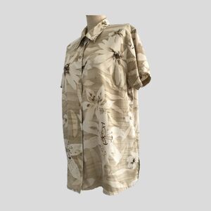Lizwear Beige Ivory Silk Floral Hawaiian Blouse Short Sleeves, Womens Size L